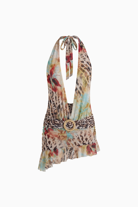 Exotic Mixed Leopard-Floral Print Plunge Halter Mini Dress