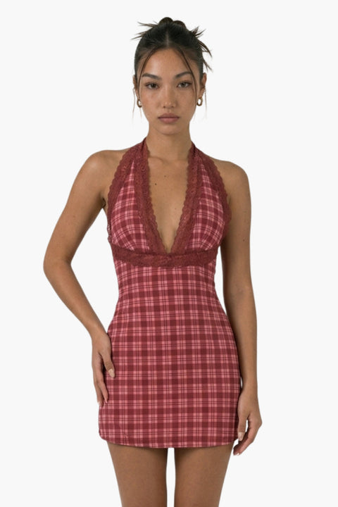 Berry Check Lace-Trim Mini Dress