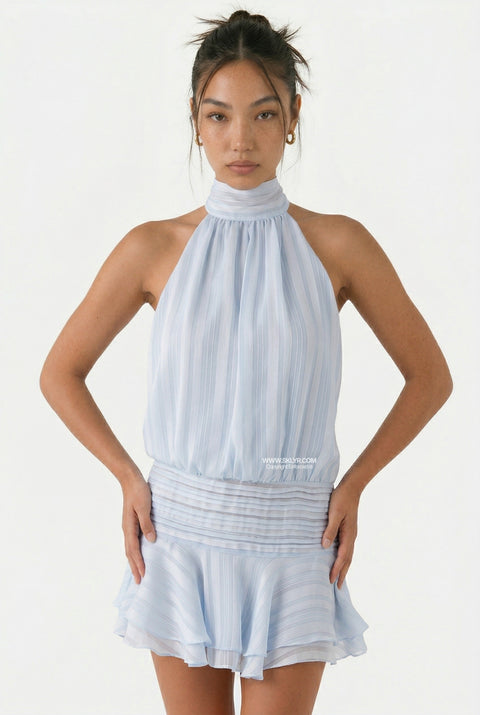 Blue Ruffle-Hem Mini Dress