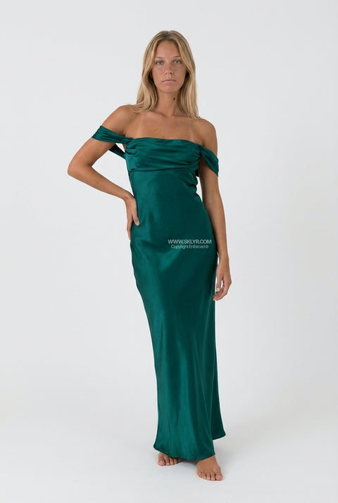 Dark Green Off-The-Shoulder Satin Maxi Dress