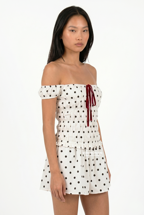 Off-the-Shoulder Polka Dot Mini Dress