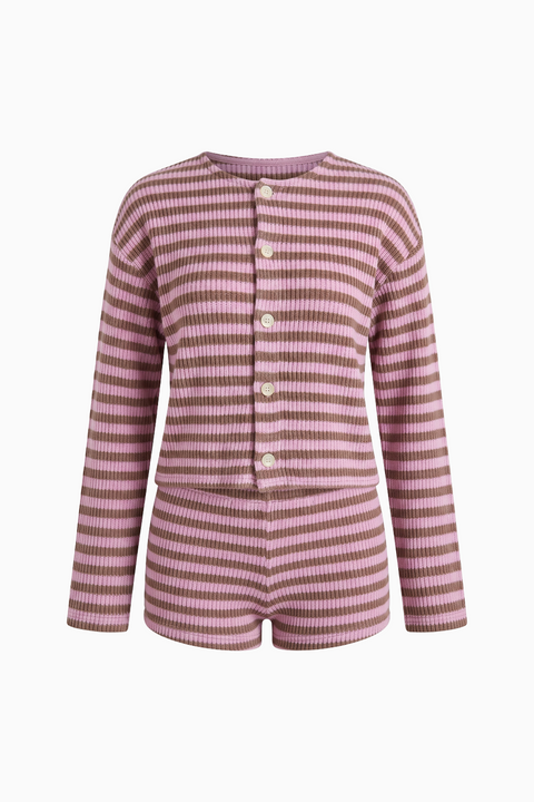 Striped Knit Cardigan and Shorts Set