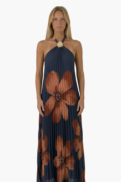 Navy Pleated Floral Halter Maxi Dress
