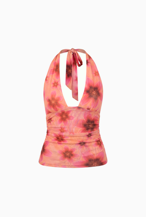 Pink Hibiscus Print Halter Top