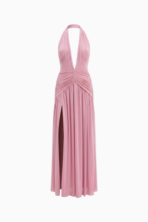 Dusty Pink Ruched Pleated Maxi Dress