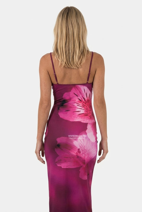 Magenta Lily Print Fitted Maxi Dress