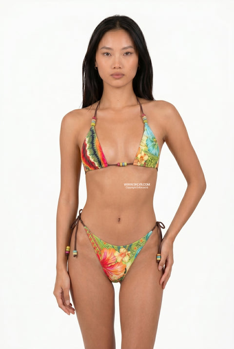 Mixed-Print Botanical Tie-Side String Bikini