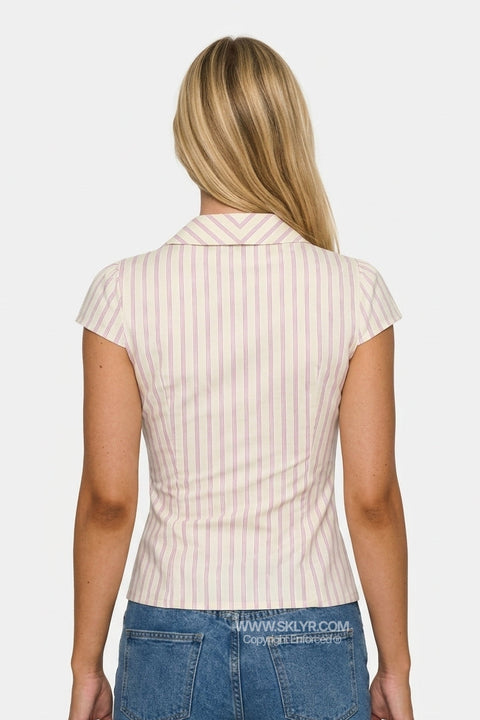 White Striped Ruched V-Neck Top