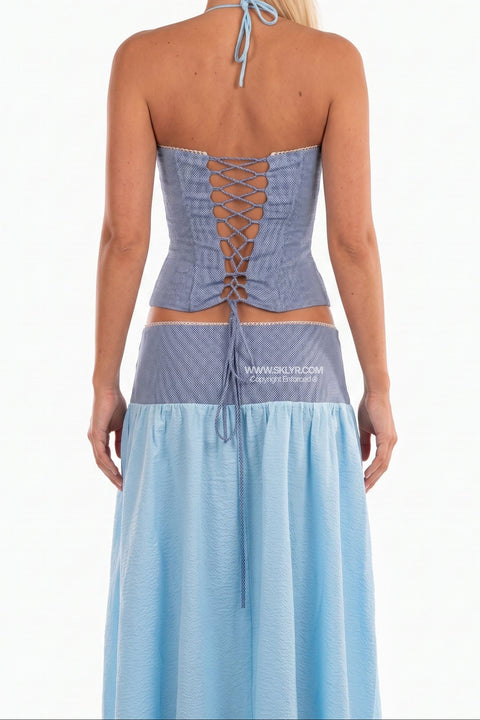 Sky Blue Halter Corset Top & Maxi Skirt Two-Piece Set
