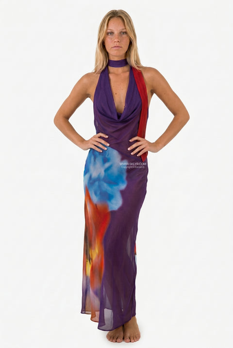 Plum Abstract Floral Halter Maxi Dress