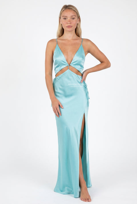 Light Aqua Satin Cutout Maxi Dress