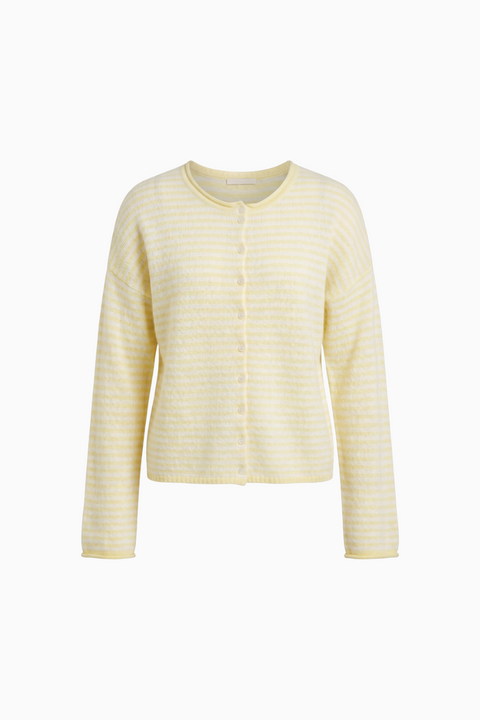 Striped Knit Button-Front Crewneck Cardigan