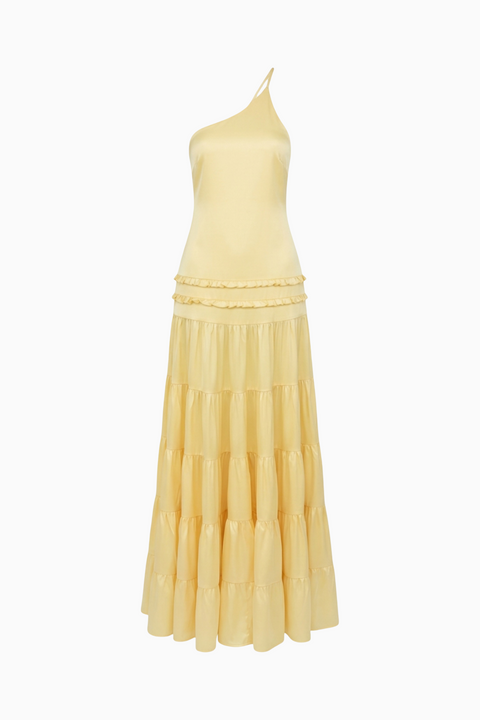 Lemon Yellow Satin One-Shoulder Maxi Dress