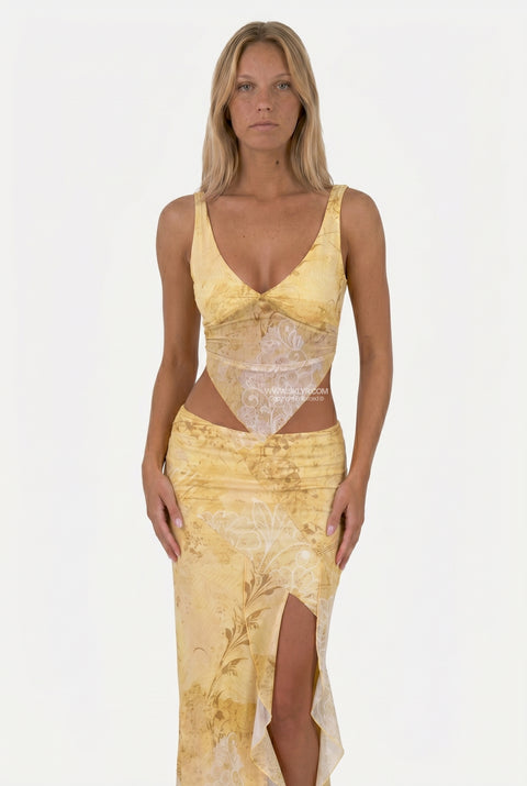 Yellow Floral Top & Skirt Set