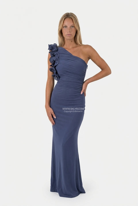 Brown One-Shoulder Ruffle Cutout Maxi Dress
