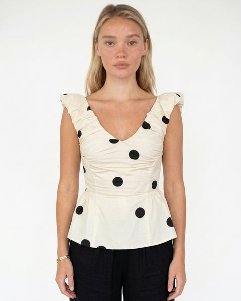Cream Polka Dot Ruched Peplum Top