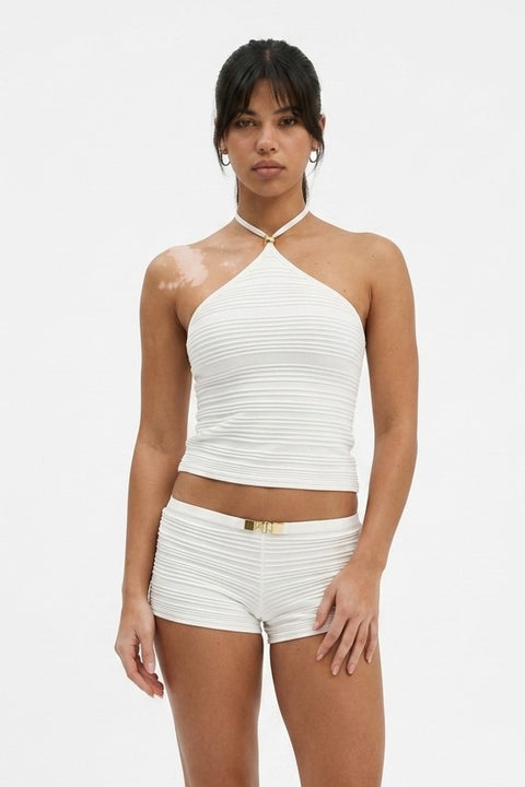 White Ribbed Halter Top and Shorts Set