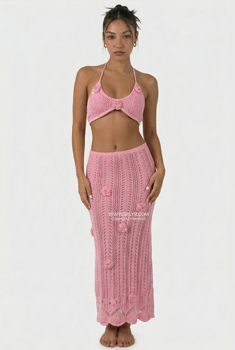 Pink Crochet Halter & Skirt Set