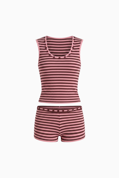 Button-Accented Striped Knit Matching Set