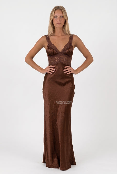 Chocolate Brown Satin Lace-Trim Maxi Dress