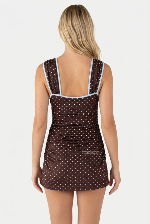 Ruched Polka Dot V-Neck Mini Dress