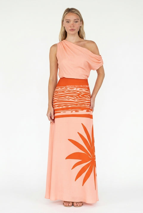 One-Shoulder Palm Print Maxi Dress