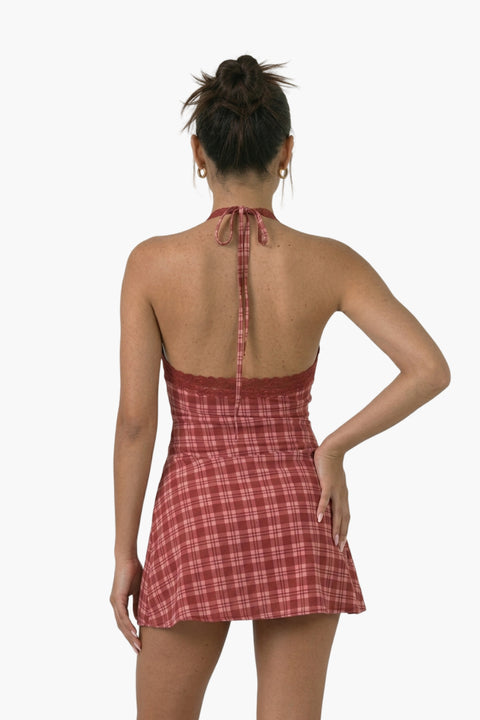 Berry Check Lace-Trim Mini Dress