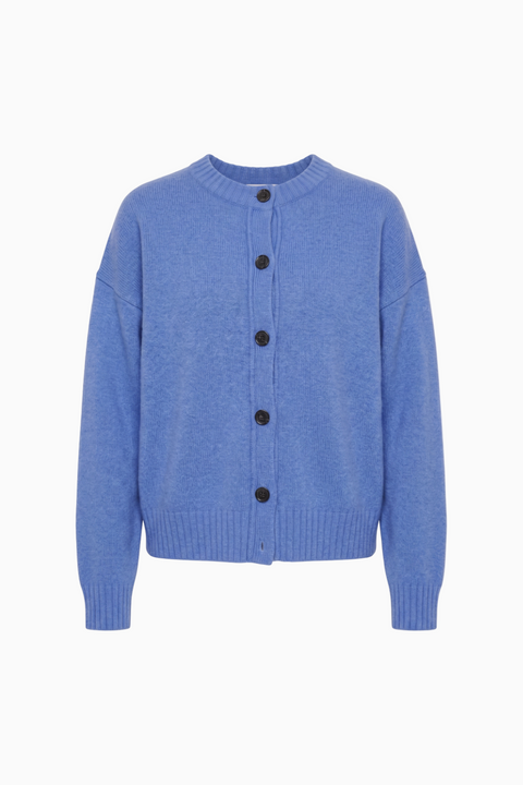 Blue Crew Neck Button-Up Knit Cardigan