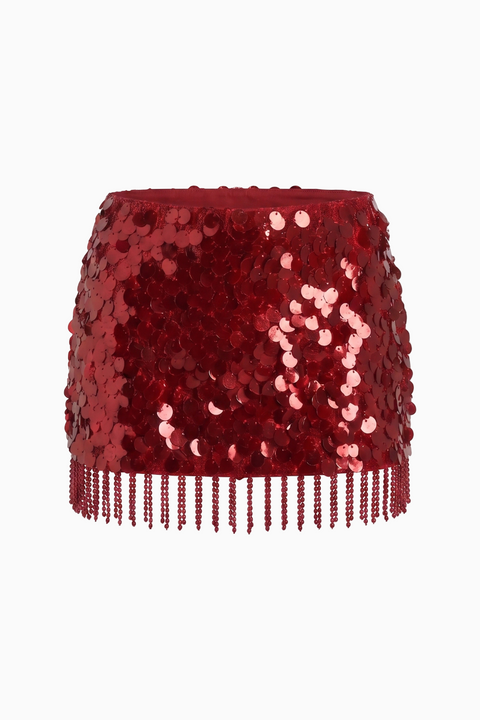Red Beaded Fringe Sequin Skirt