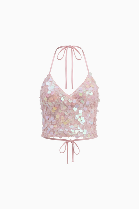 Pink Iridescent Paillette Halter  Top