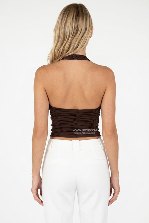 Brown Textured Fitted Crop Top