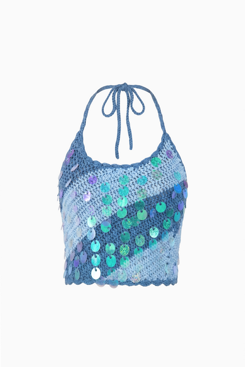 Blue Sequin Crochet Halter Top