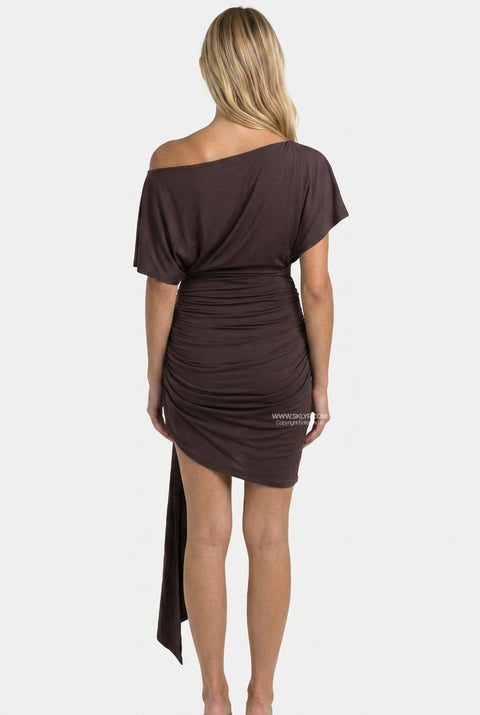 Brown Ruched Asymmetrical Draped Mini Dress