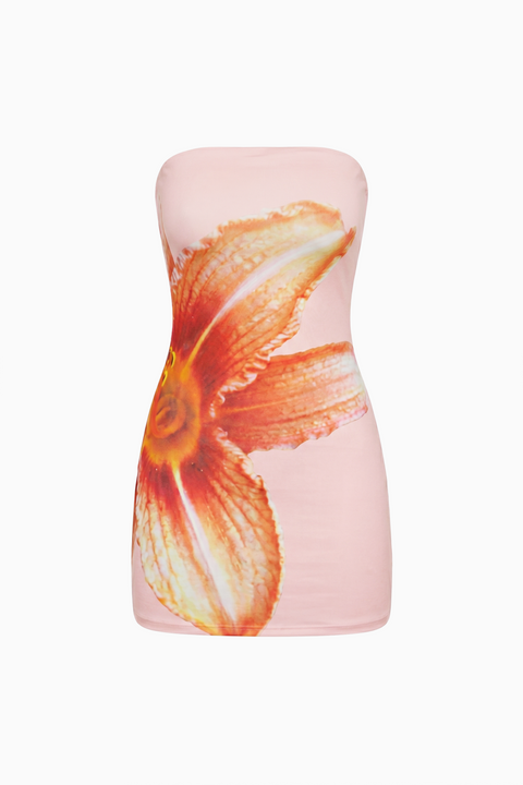 Peach Floral Strapless Mini Dress