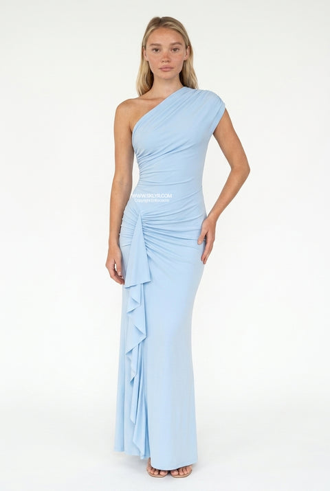 Sky Blue One-Shoulder Ruched Dress