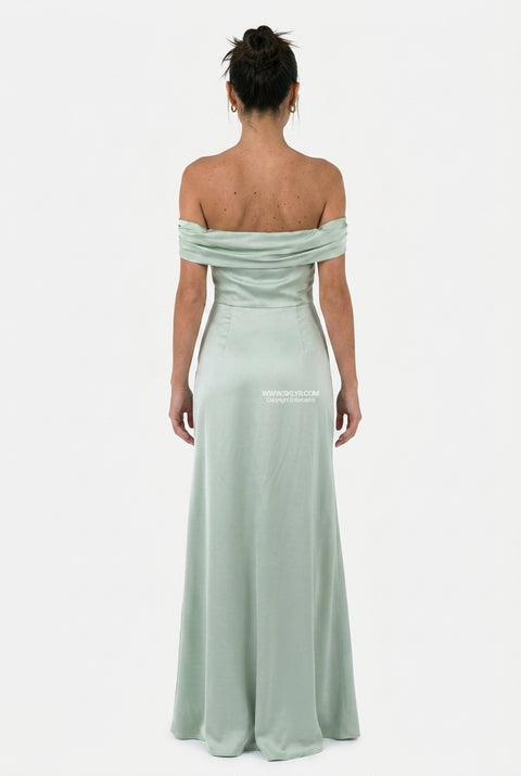 Sage Green Off-the-Shoulder Satin Maxi Dress