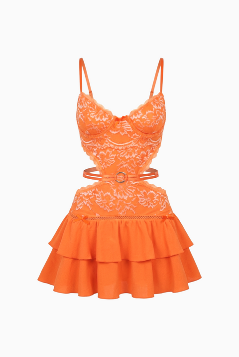 Cutout Lace Mini Dress With Ruffles