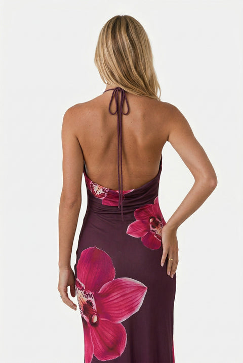 Plum Orchid Beaded Halter Maxi Dress