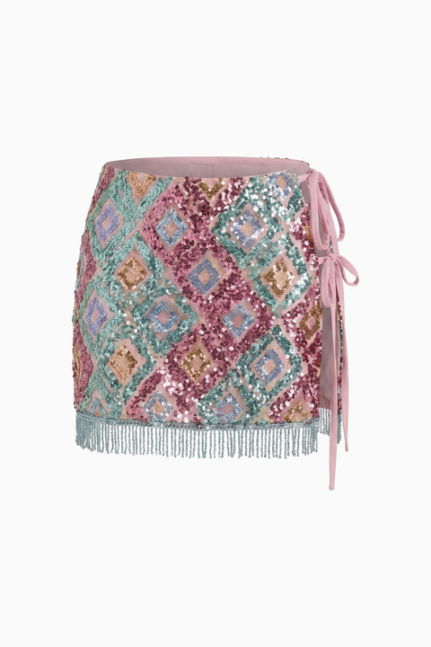 Geometric Diamond Sequin Fringe Mini Skirt