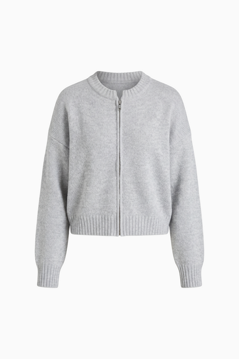 Light Grey Cropped Zip-Up Knit Cardigan
