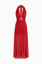 Red Plunging Halter Ruched Maxi Dress