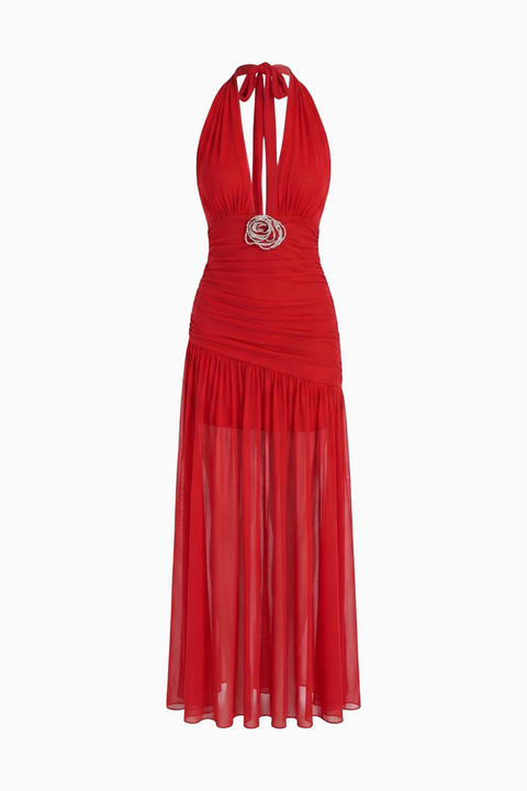 Red Plunging Halter Ruched Maxi Dress
