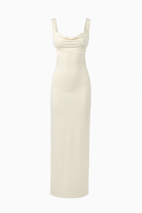 White Cowl Neck Column Maxi Dress