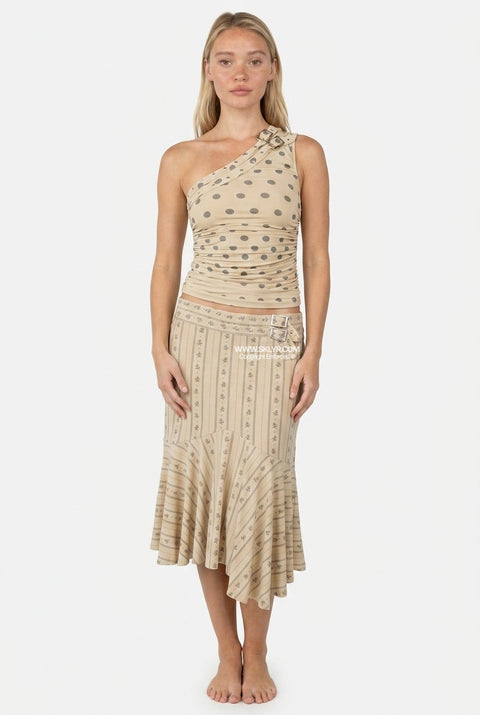 Asymmetric Polka Dot & Patterned Skirt Set
