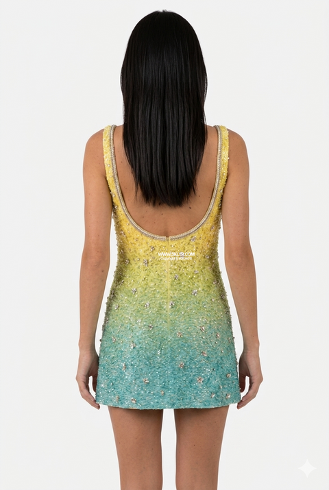 Yellow & Teal Ombre Embellished Mini Dress