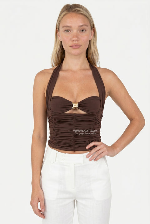 Brown Textured Fitted Crop Top