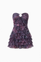 Purple Floral Ruffled Strapless Mini Dress