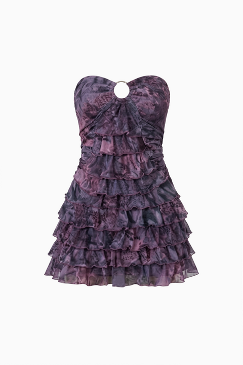 Purple Floral Ruffled Strapless Mini Dress