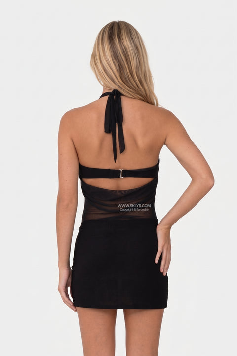 Black Sheer Panelled Halter with Ring Mini Dress