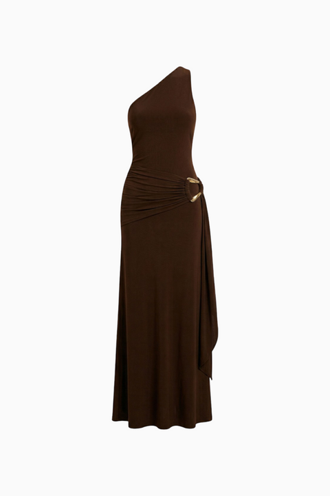 Grey One-Shoulder Ruched Maxi Dress